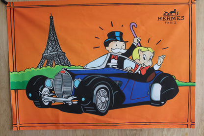 Monopoly Man and Richie Rich Driving in Paris Unframed Canvas Painting 52 x 74
