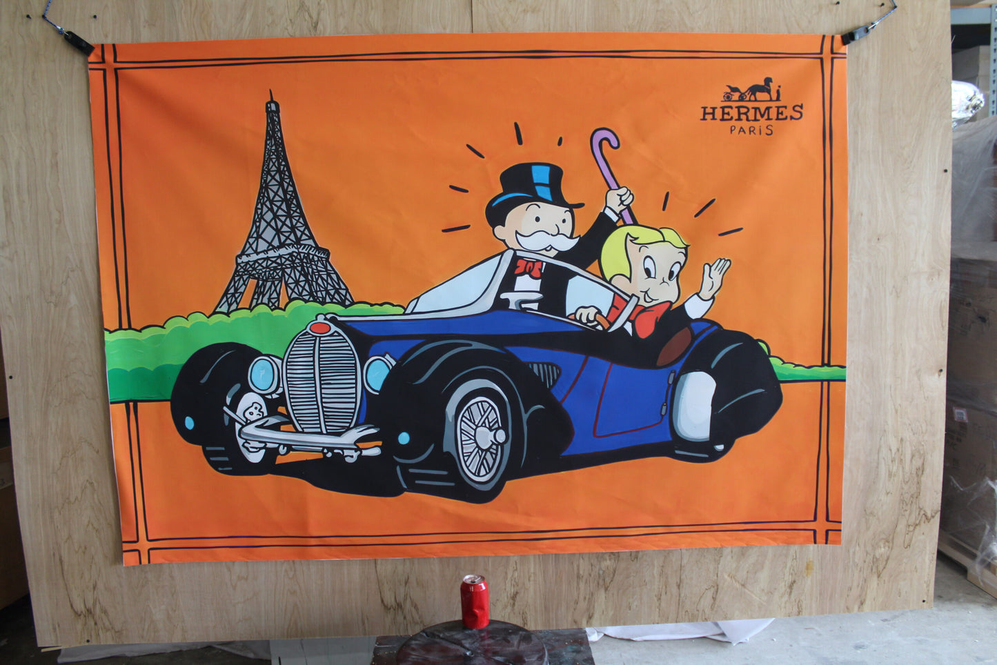 Monopoly Man and Richie Rich Driving in Paris Unframed Canvas Painting 52 x 74
