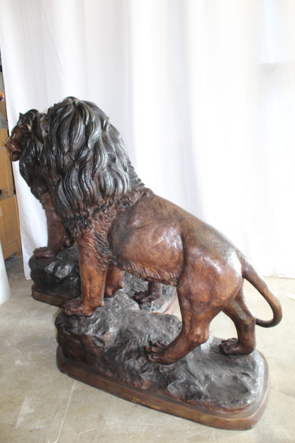 Lifesized Pair of Lions Bronze Statues 58" x 30" x 62"H