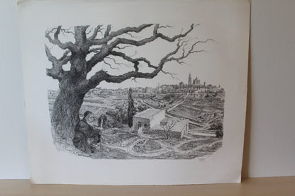 Zion by Emanuel Schary Lithograph Black and White 18 x 14