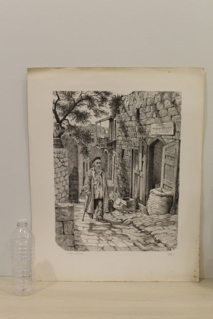 Safad in Galilee by Emanuel Schary Black and White Lithograph 14 x 18