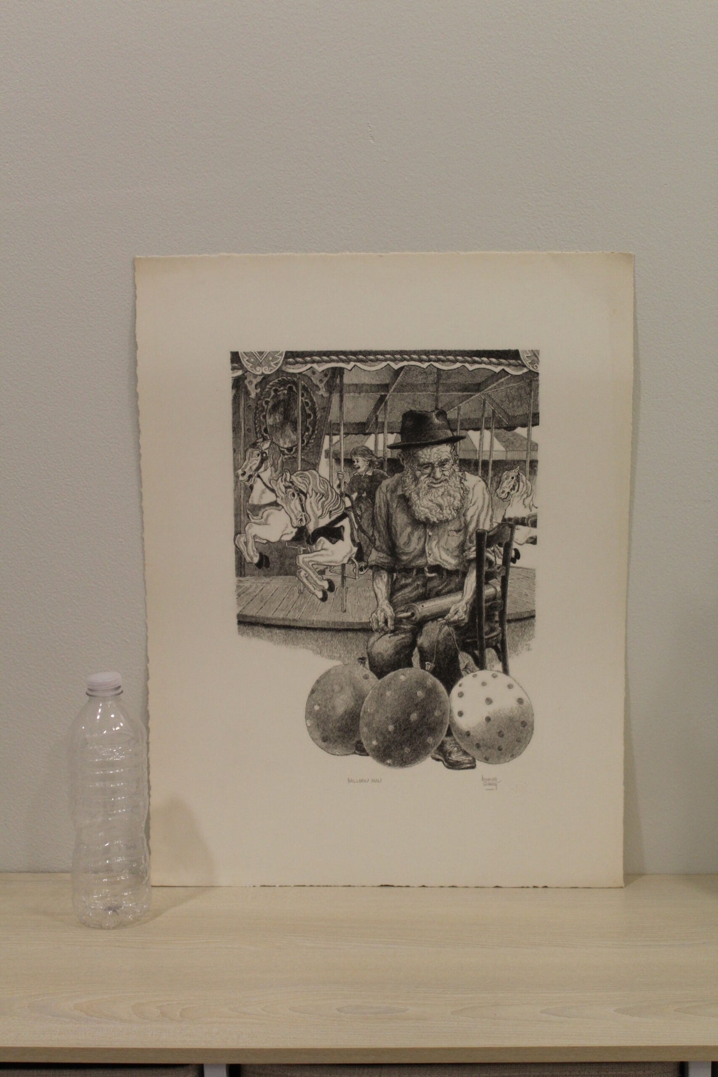 Balloon Man by Emanuel Schary Black and White Lithograph 10 x 15