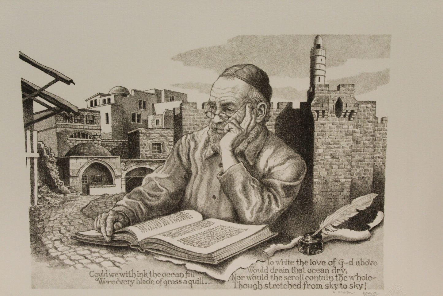 A Prayer by Emanuel Schary Lithograph Black and White 14 x 10