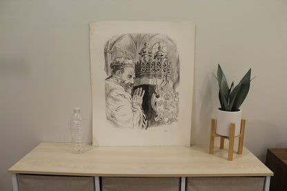 Nifao Emanuel Schary “Days of Awe” Black & White Judaica Art Print – Spiritual Synagogue Scene, Jewish High Holidays Fine Artwork,Framed Wall Decor -12 x 18