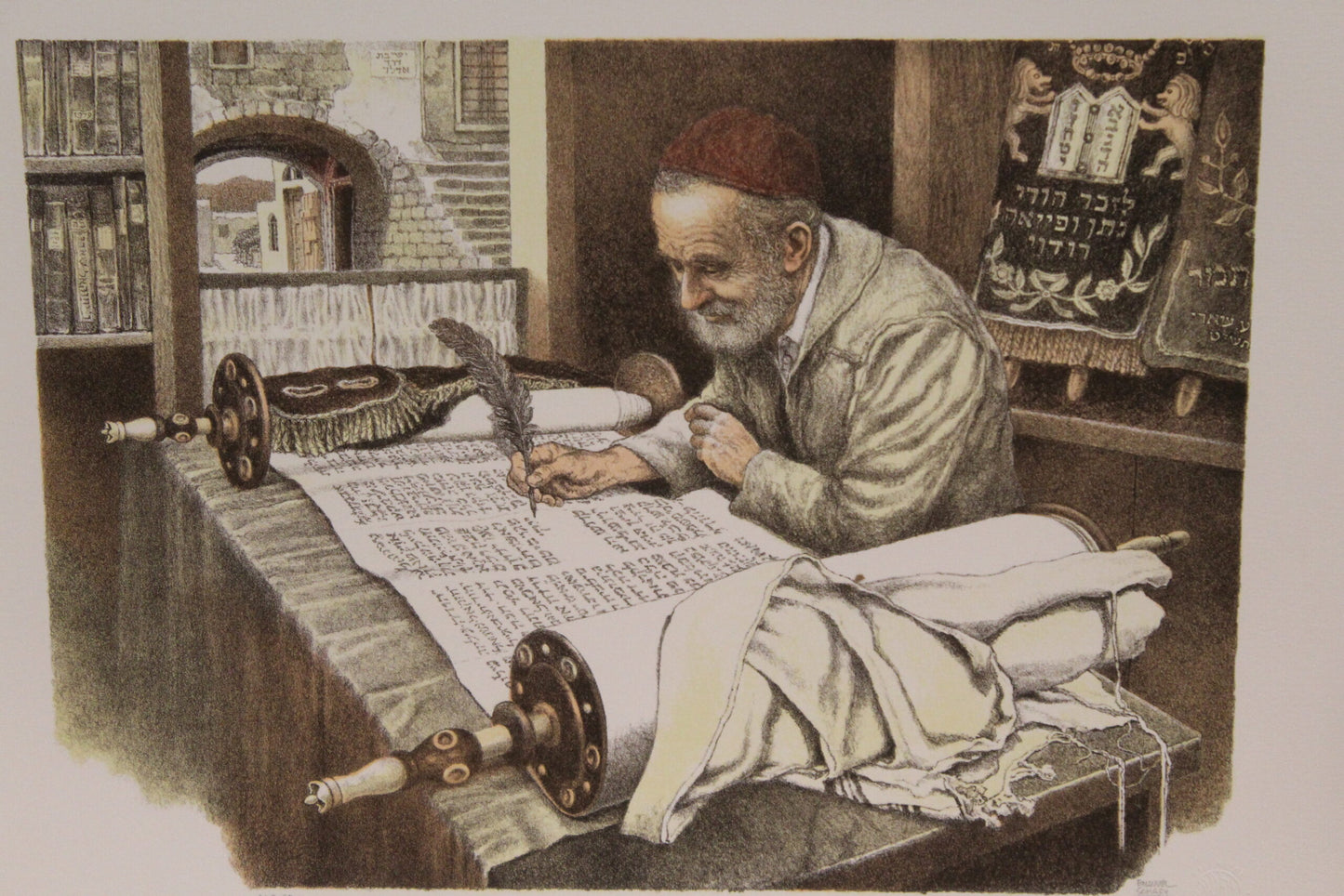 Nifao Emanuel Schary “Scribe” Lithograph – Judaica Fine Art Print Depicting Torah Transcription, Subtle Hues & Reverent Detailing, Collectible Wall Decor 15 x 10