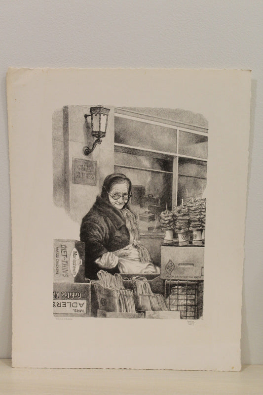 Nifao Emanuel Schary “Herald Square” Lithograph – Black & White Fine Art Print of Cityscape & Solitude, Urban Judaica Wall Decor 10 x 14