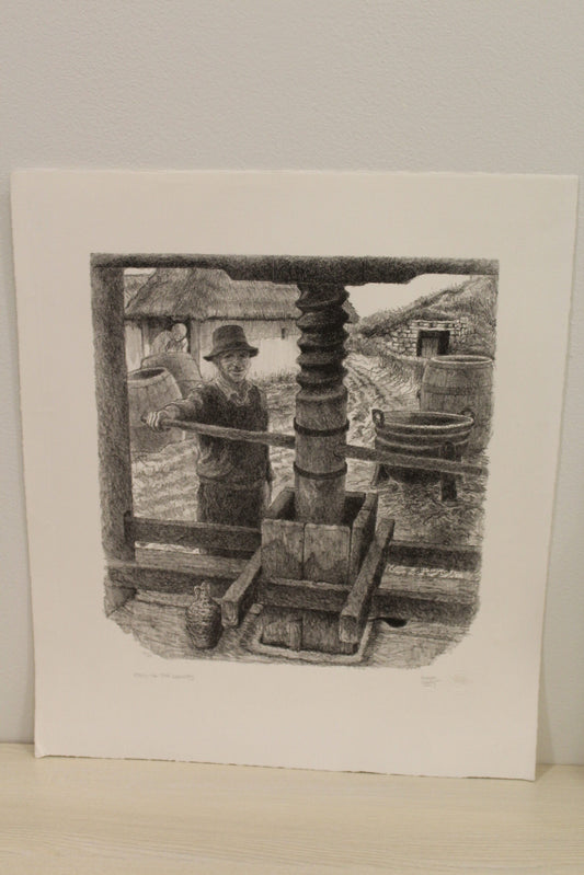Nifao Emanuel Schary “Pressing The Grapes” Lithograph – Israeli-American Judaica Fine Art, Winemaking Scene11 x 13