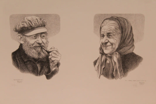 Nifao Emanuel Schary “Remembering” & “My Years Fade With A Smile” Lithographs – Black & White Judaica Fine Art, Elderly Portraits of Reflection & Memory- 14 x 8