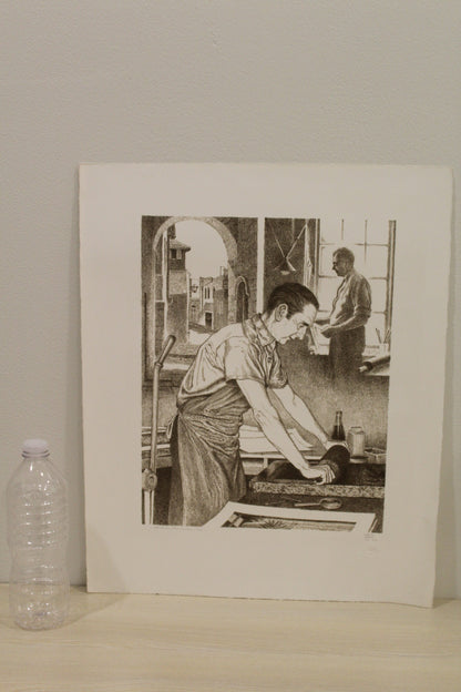 Nifao Emanuel Schary “George and Burr Miller” Black & White Lithograph – 1917 Printmaking Tribute, Judaica Fine Art Collectible -11 x 14