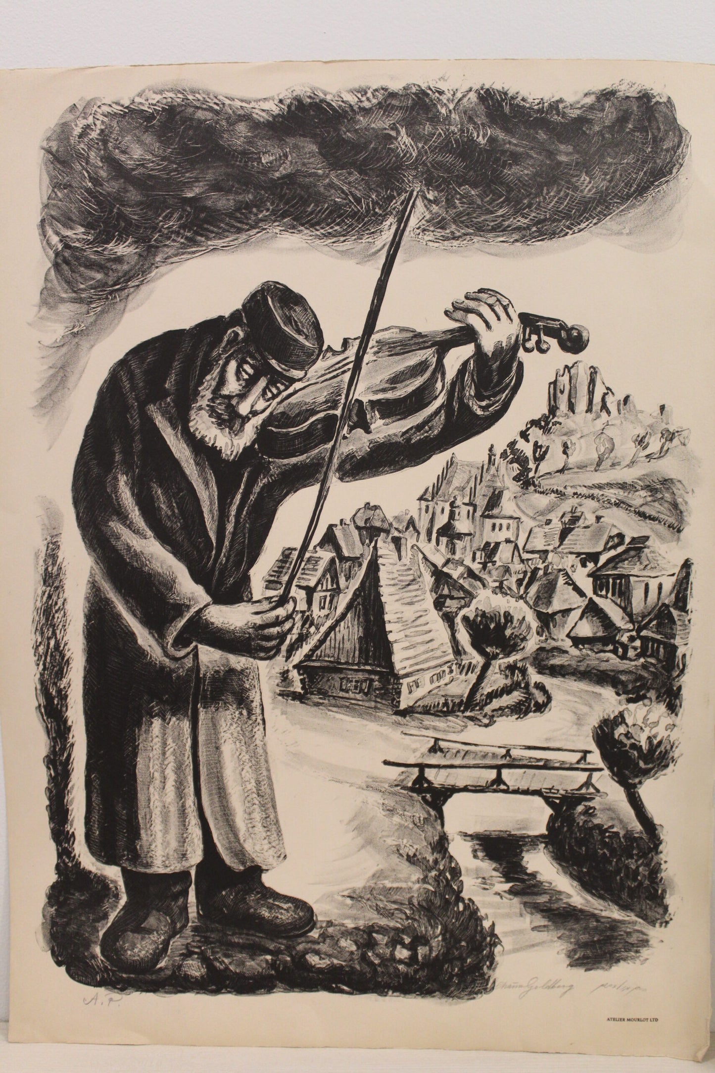 Violin Man by Chaim Goldberg Lithograph Black and White 20 x 28