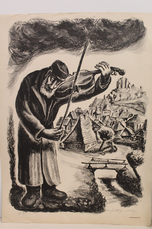 Violin Man by Chaim Goldberg Lithograph Black and White 20 x 28