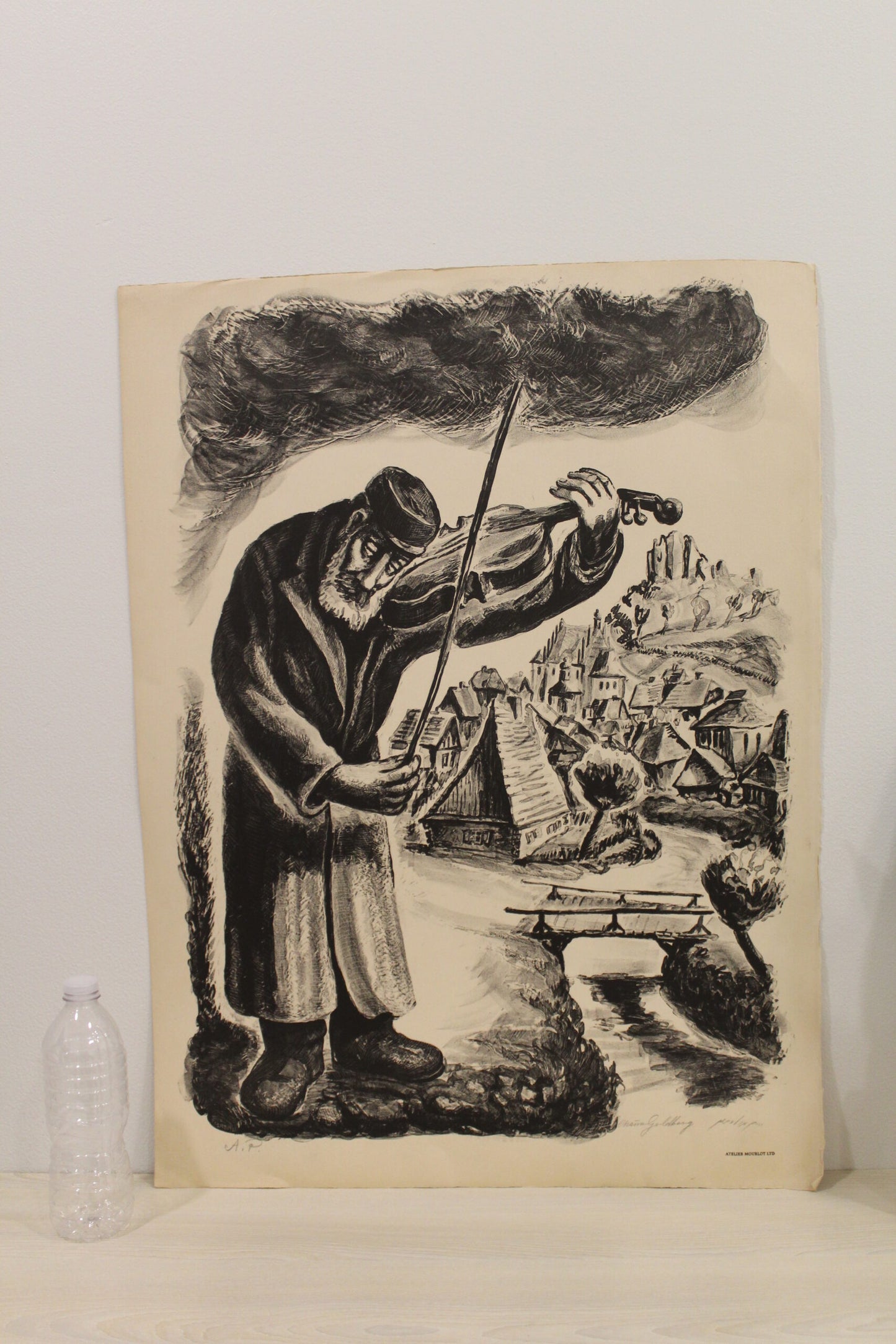Violin Man by Chaim Goldberg Lithograph Black and White 20 x 28