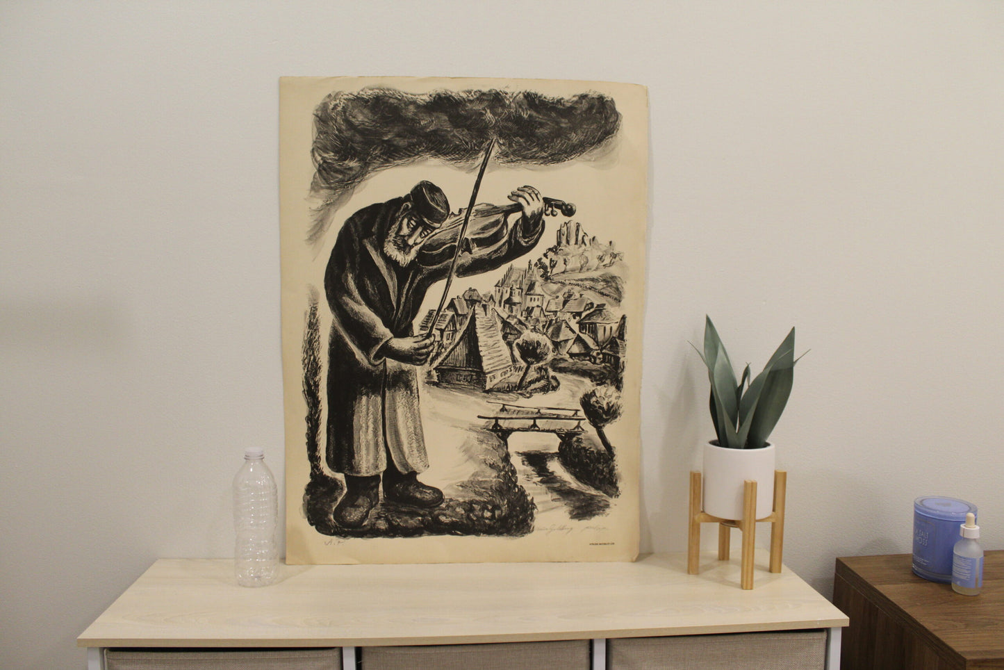 Violin Man by Chaim Goldberg Lithograph Black and White 20 x 28