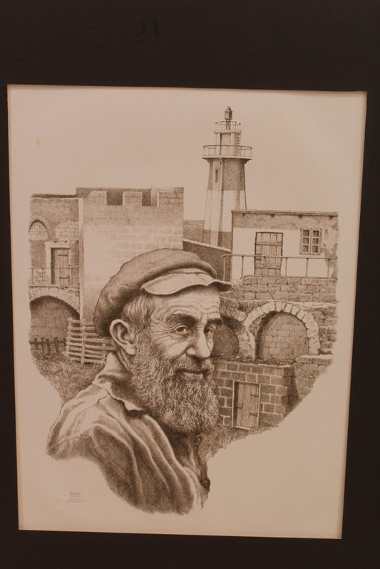 Nifao Emanuel Schary “Sailor in Front of The Lighthouse” Lithograph – Maritime Judaica Fine Art Print, Nautical Resilience & Reflection - 10 x 17