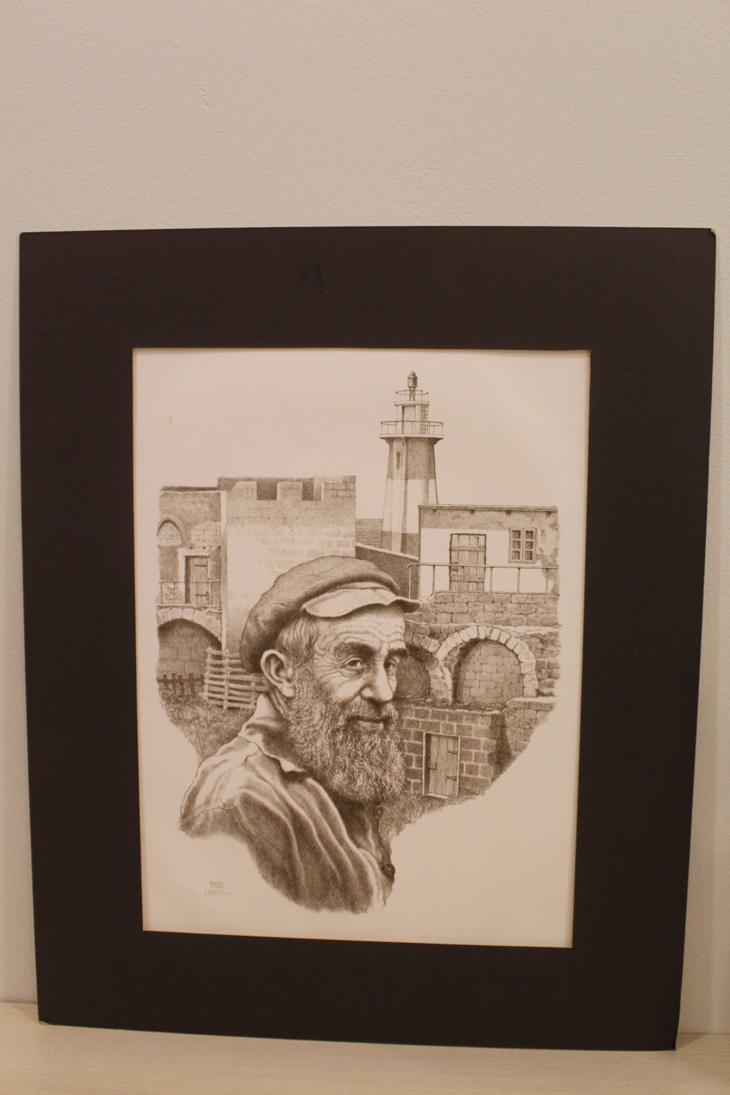 Sailor in Front of Lighthouse Black and White Lithograph 10 x 17
