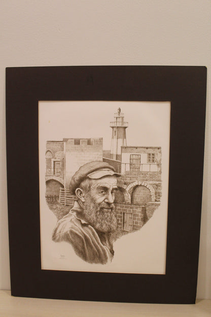 Sailor in Front of Lighthouse Black and White Lithograph 10 x 17