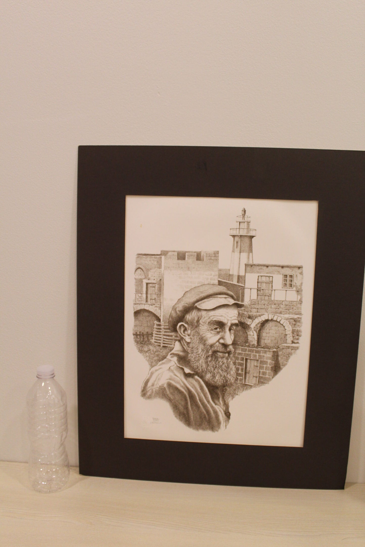 Sailor in Front of Lighthouse Black and White Lithograph 10 x 17