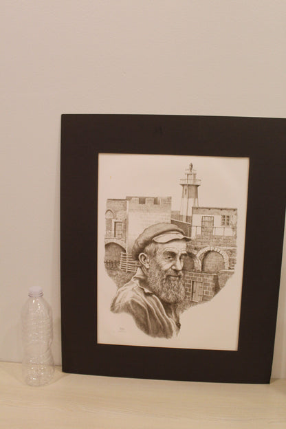 Sailor in Front of Lighthouse Black and White Lithograph 10 x 17