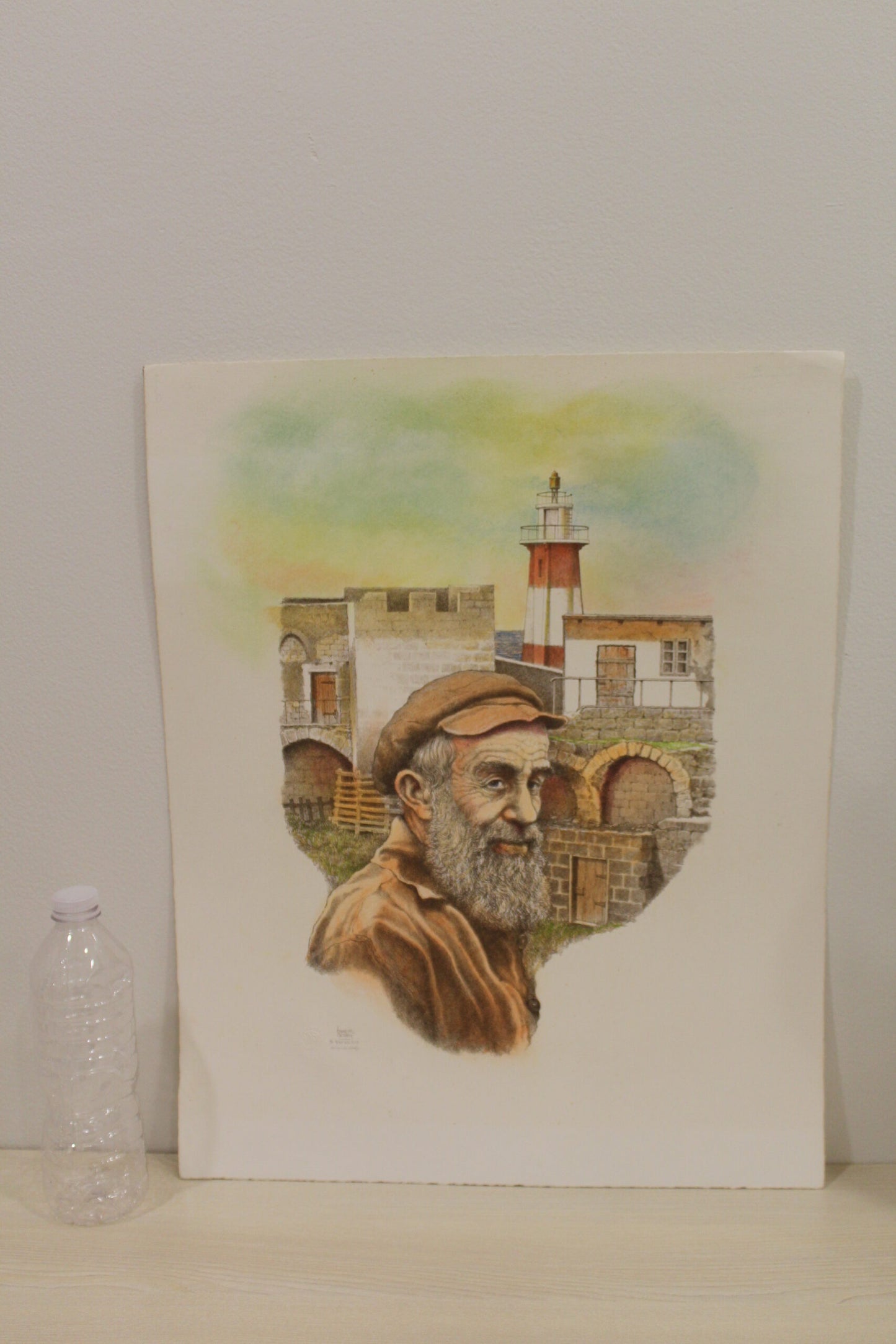 Sailor in Front of Lighthouse Colored Lithograph 10 x 17