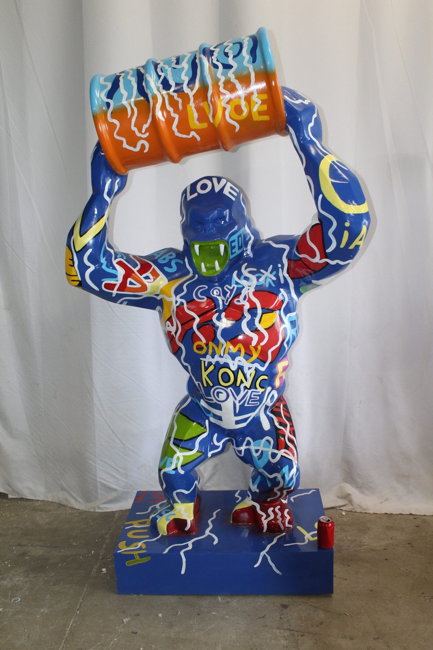 King Kong With Barrell Modern Graffiti Resin Statue on Base 47" x 21" x 60"H