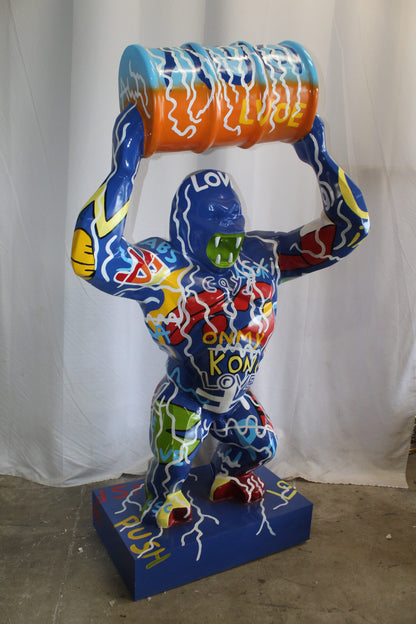 King Kong With Barrell Modern Graffiti Resin Statue on Base 47" x 21" x 60"H