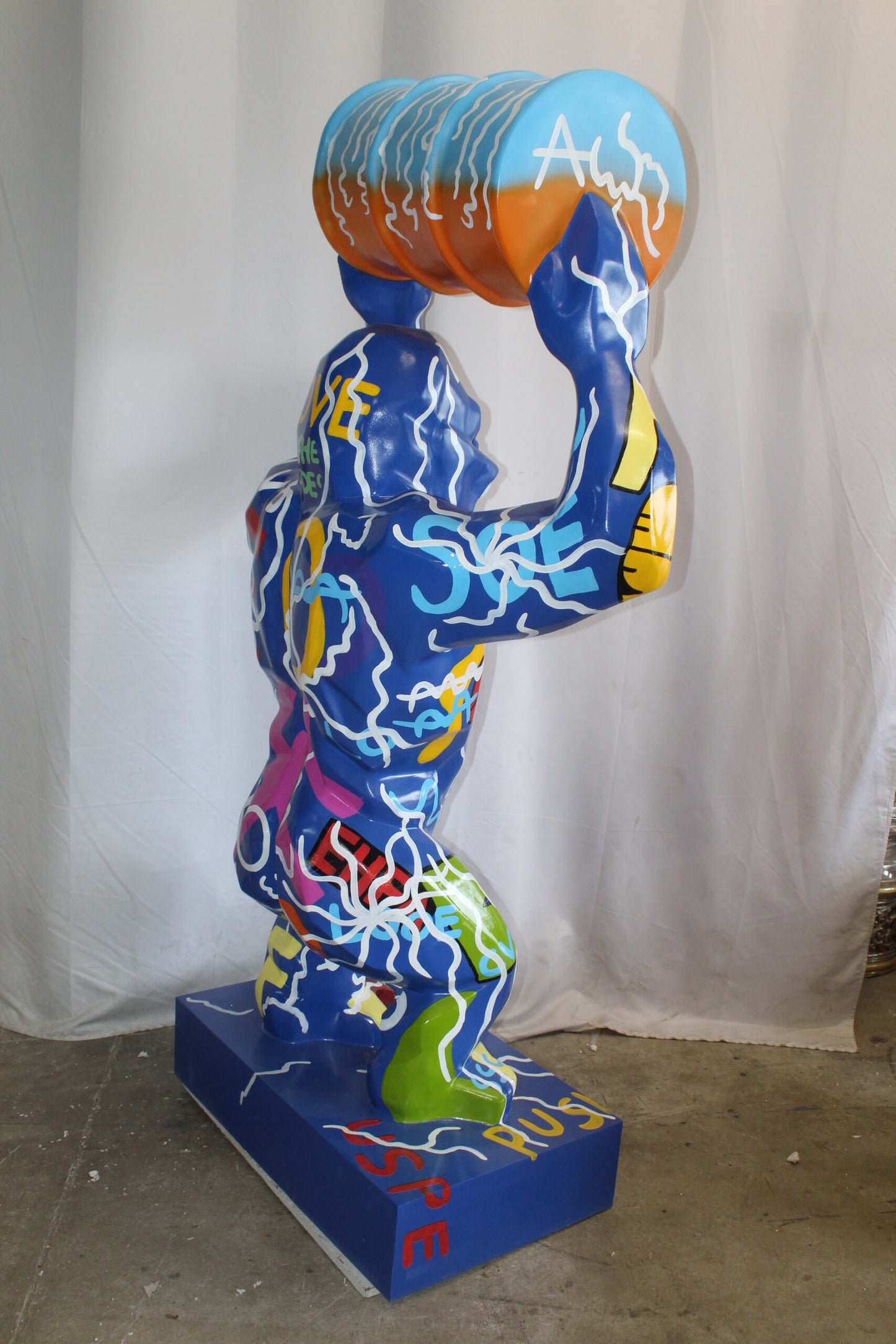 King Kong With Barrell Modern Graffiti Resin Statue on Base 47" x 21" x 60"H