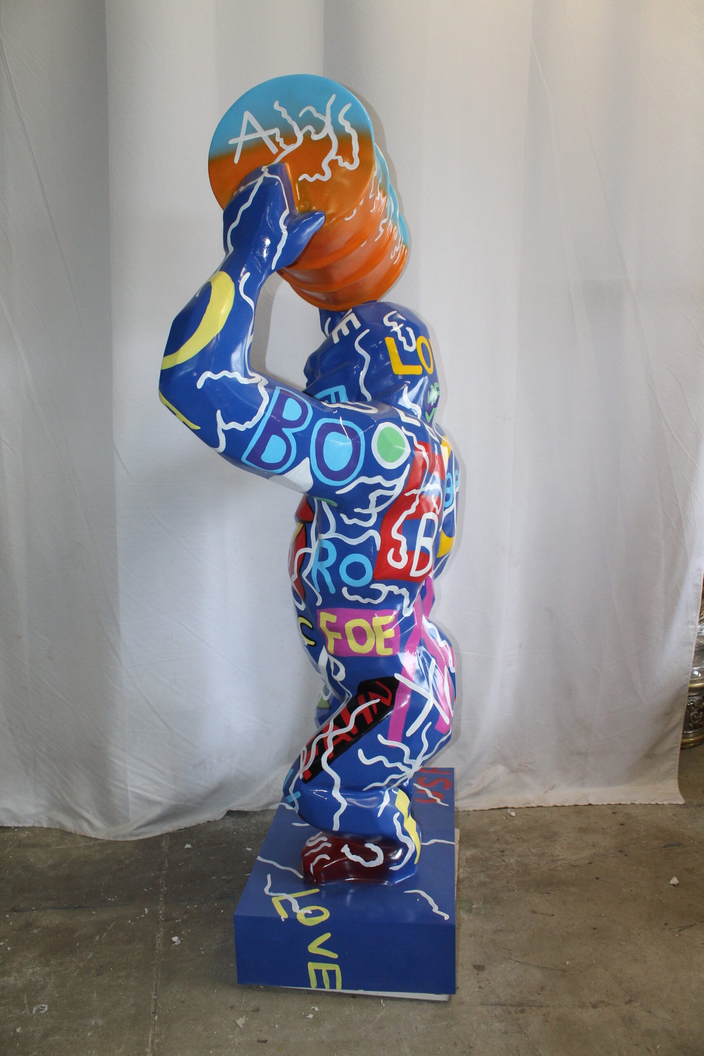 King Kong With Barrell Modern Graffiti Resin Statue on Base 47" x 21" x 60"H