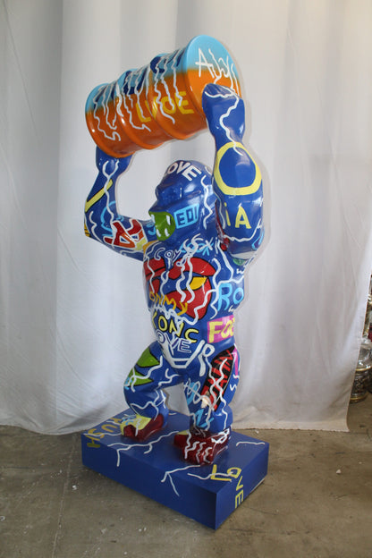 King Kong With Barrell Modern Graffiti Resin Statue on Base 47" x 21" x 60"H