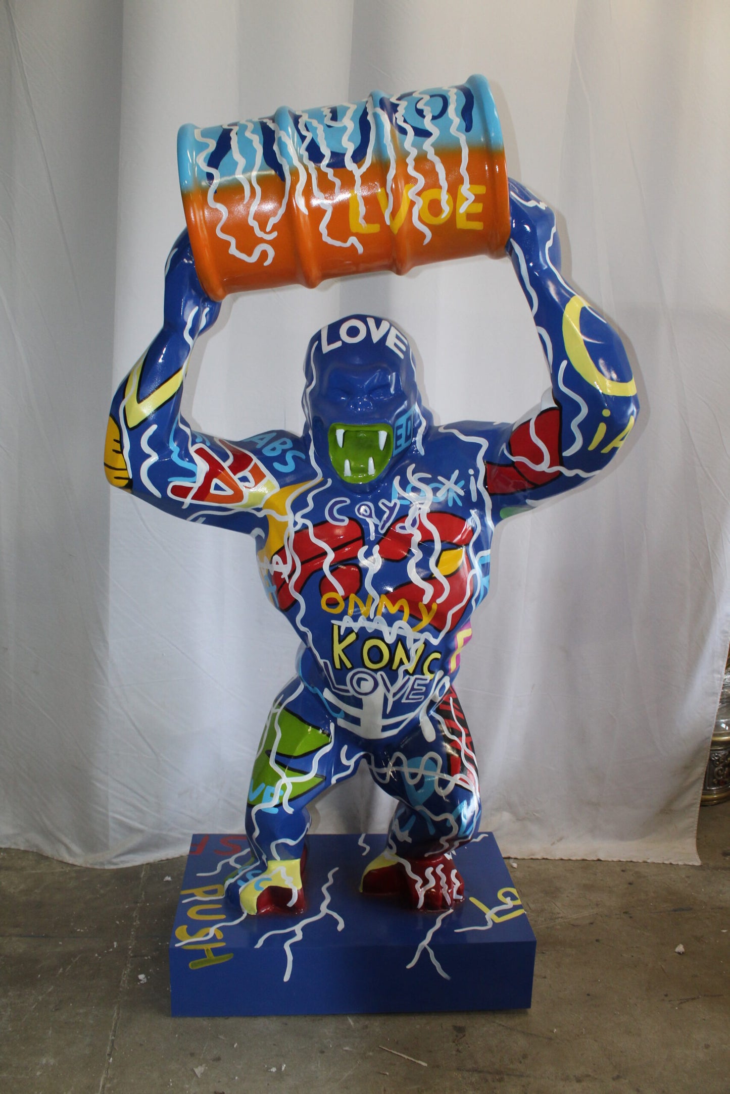 King Kong With Barrell Modern Graffiti Resin Statue on Base 47" x 21" x 60"H