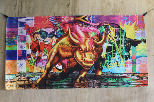 Monopoly and Wall Street Financial Bull Pop Art Unstretched Canvas, 84"x44"