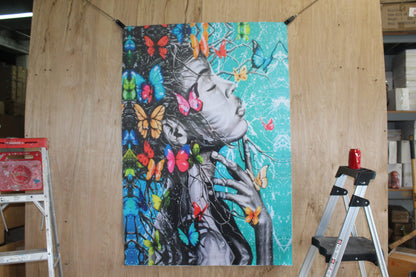 Butterfly Girl, a Giant Unstretched Painting on Canvas, 44"x64"