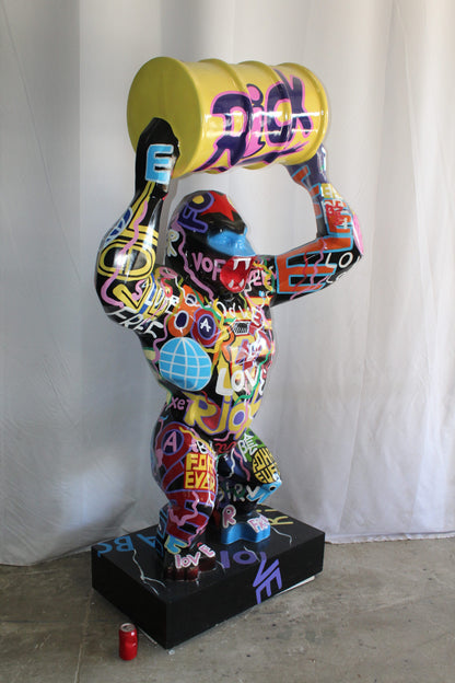 Giant Resin Gorilla Statue Holding a Barrell 28" x 21" x 83"H