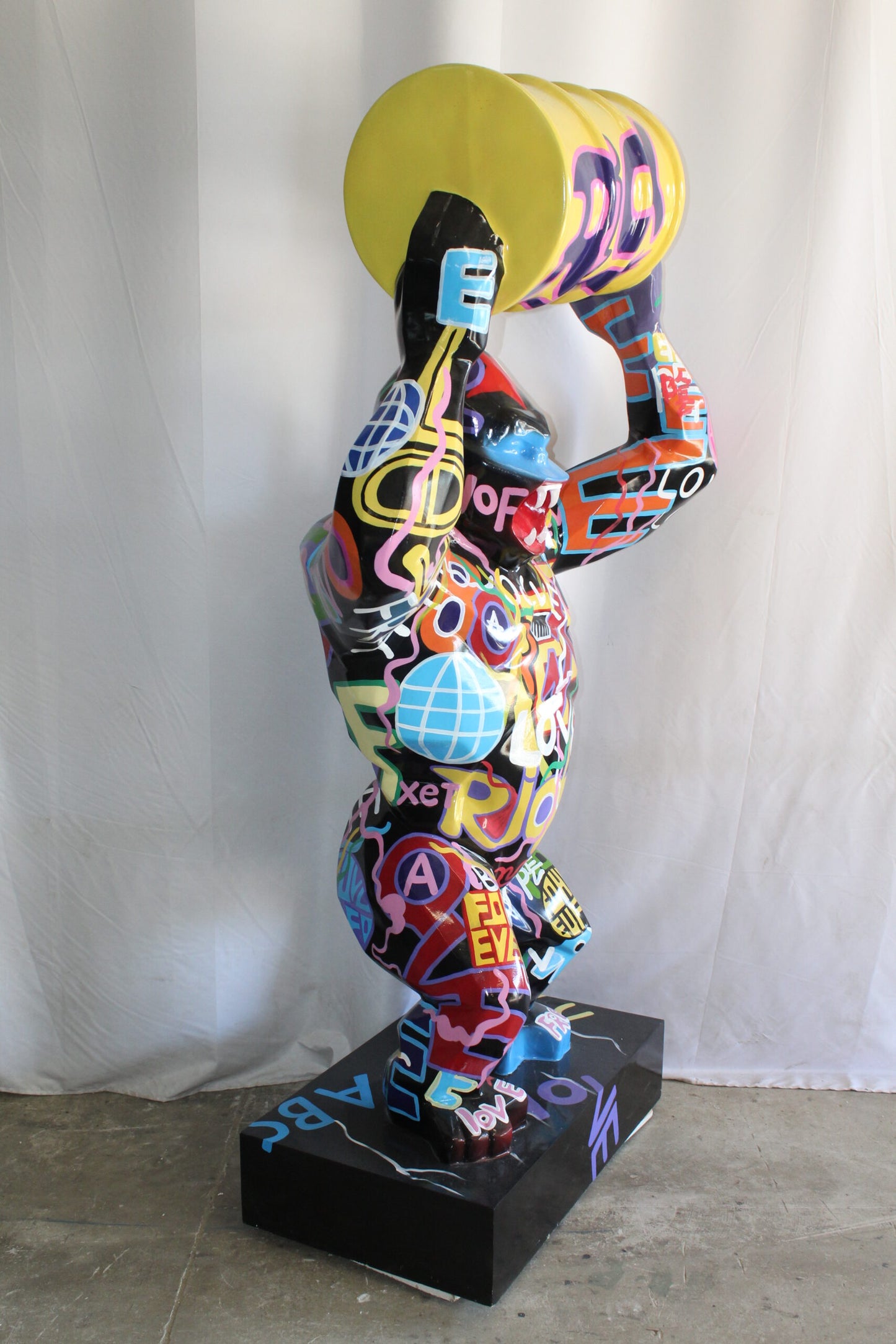 Giant Resin Gorilla Statue Holding a Barrell 28" x 21" x 83"H