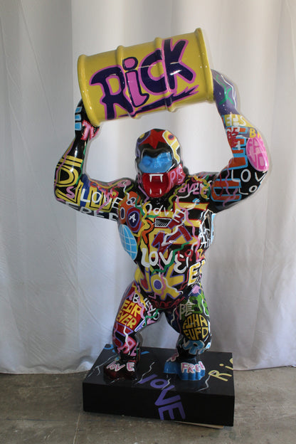 Giant Resin Gorilla Statue Holding a Barrell 28" x 21" x 83"H