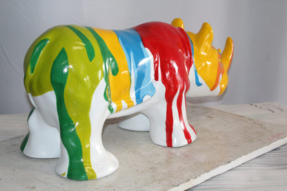 Fiberglass Rhino Statue Dynamic Presence with Paint Droplets 30" x 12" x 12"H