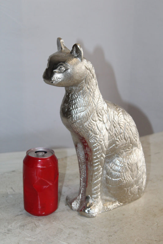 Aluminum Artistry Intricately Sitting Cat Statue in Silver 10" x 4" x 13"H