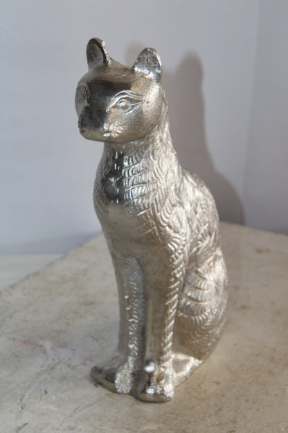 Aluminum Artistry Intricately Sitting Cat Statue in Silver 10" x 4" x 13"H