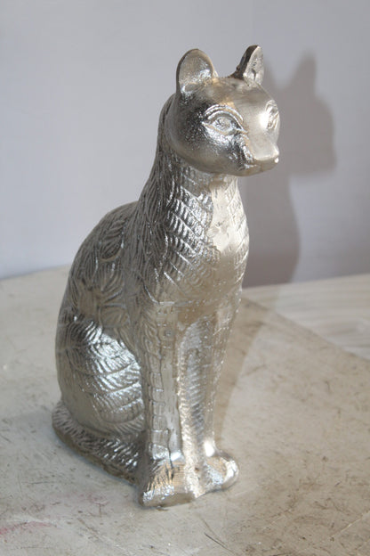 Aluminum Artistry Intricately Sitting Cat Statue in Silver 10" x 4" x 13"H