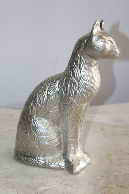 Aluminum Artistry Intricately Sitting Cat Statue in Silver 10" x 4" x 13"H