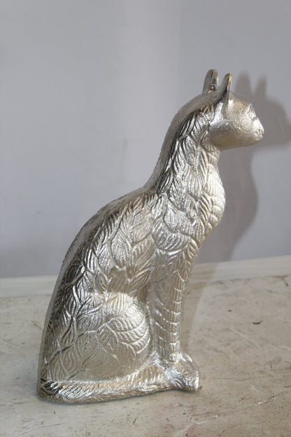 Aluminum Artistry Intricately Sitting Cat Statue in Silver 10" x 4" x 13"H