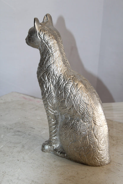 Aluminum Artistry Intricately Sitting Cat Statue in Silver 10" x 4" x 13"H