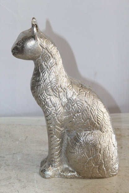 Aluminum Artistry Intricately Sitting Cat Statue in Silver 10" x 4" x 13"H