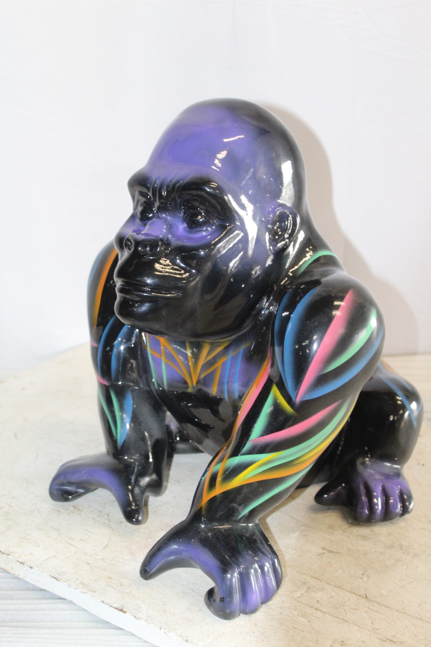 Fiberglass Gorilla Statue Colored with Dripping paint 14" x 15" x 17"H