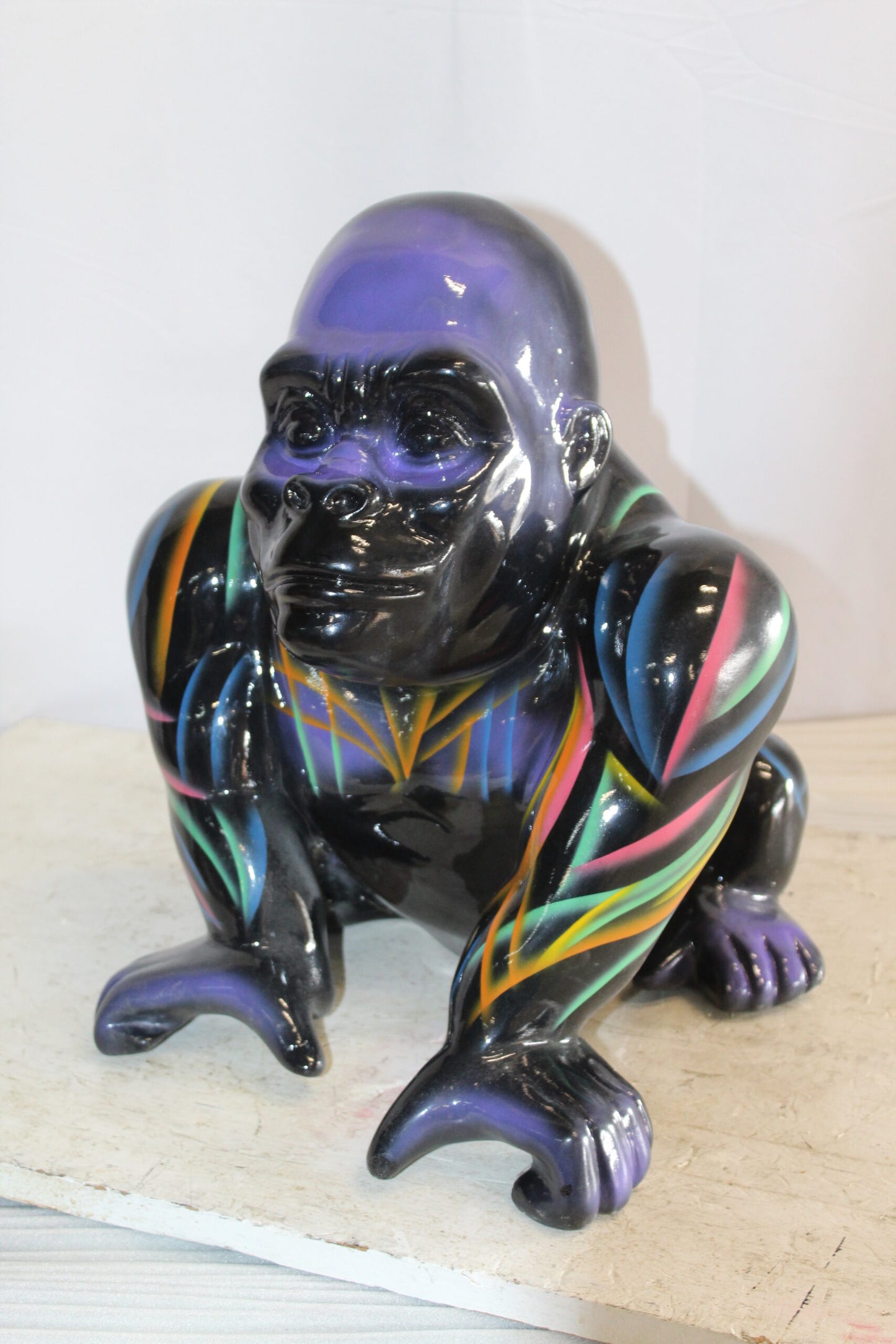 Fiberglass Gorilla Statue Colored with Dripping paint 14" x 15" x 17"H