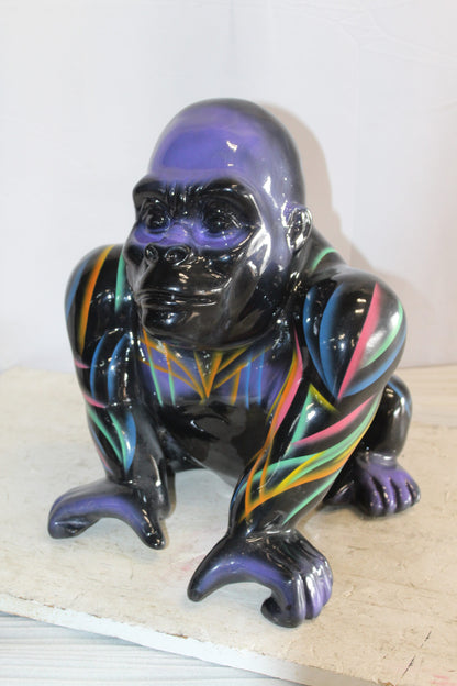 Fiberglass Gorilla Statue Colored with Dripping paint 14" x 15" x 17"H