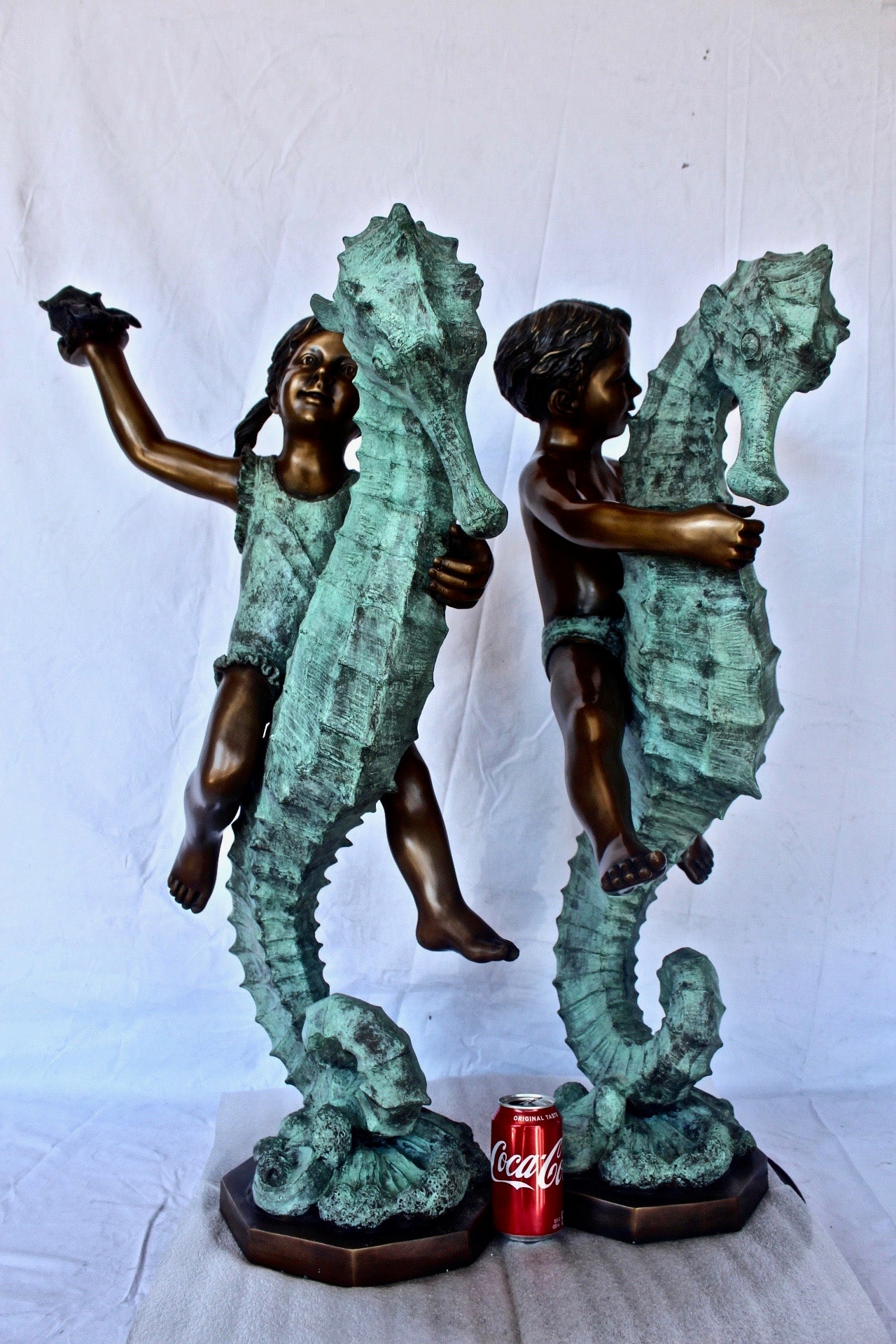 Boy and girl riding seahorses bronze fountain -  Size: 18"L x 23"W x 38"H.