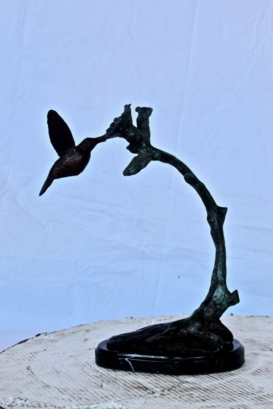 Hummingbird with flower bronze statue  -  Size: 12"L x 7"W x 15"H.