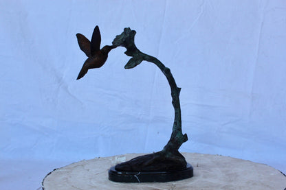 Hummingbird with flower bronze statue  -  Size: 12"L x 7"W x 15"H.