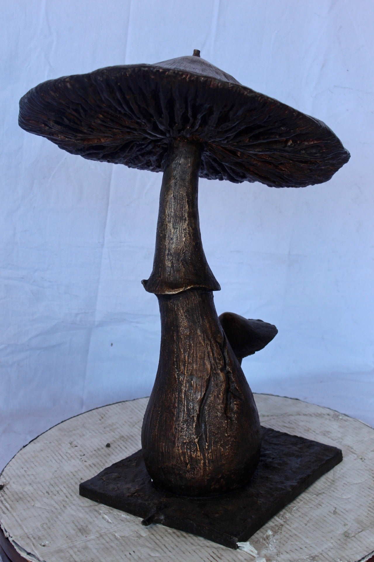 Leaning mushroom bronze statue fountain -  Size: 18"L x 17"W x 24"H.