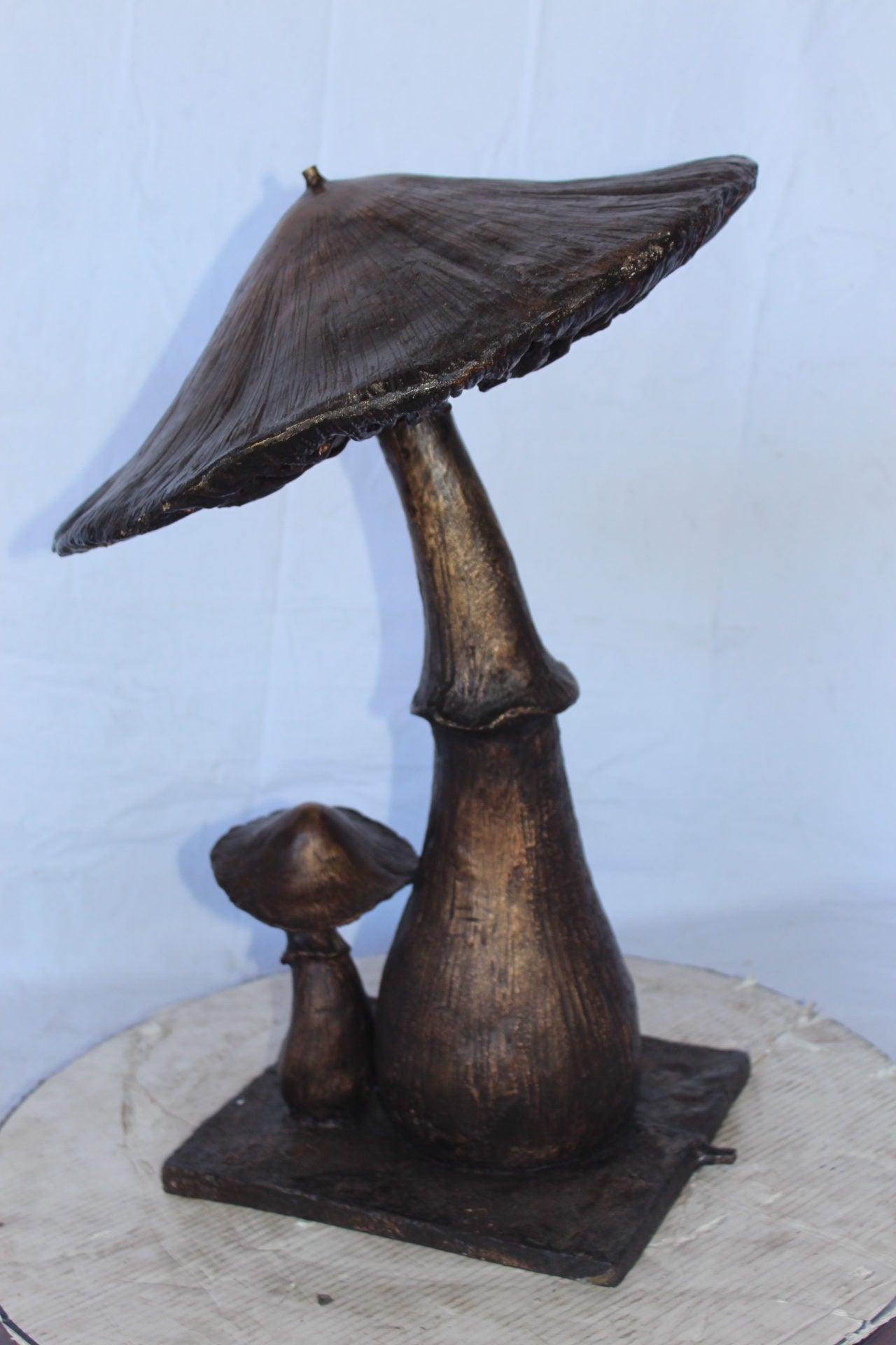 Leaning mushroom bronze statue fountain -  Size: 18"L x 17"W x 24"H.
